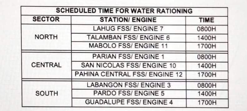 LOOK: Here is the initial schedule for water rationing of the Cebu City Fire Office. 

“Ang inyong kabomberohan sa dakbayan sa Sugbo mohimo sa pag rasyon ug tubig sa inyong mga lugar. Kining pag panghatag ug tubig buhaton namo matag adlaw samtang wala pa'y supply sa tubig nga