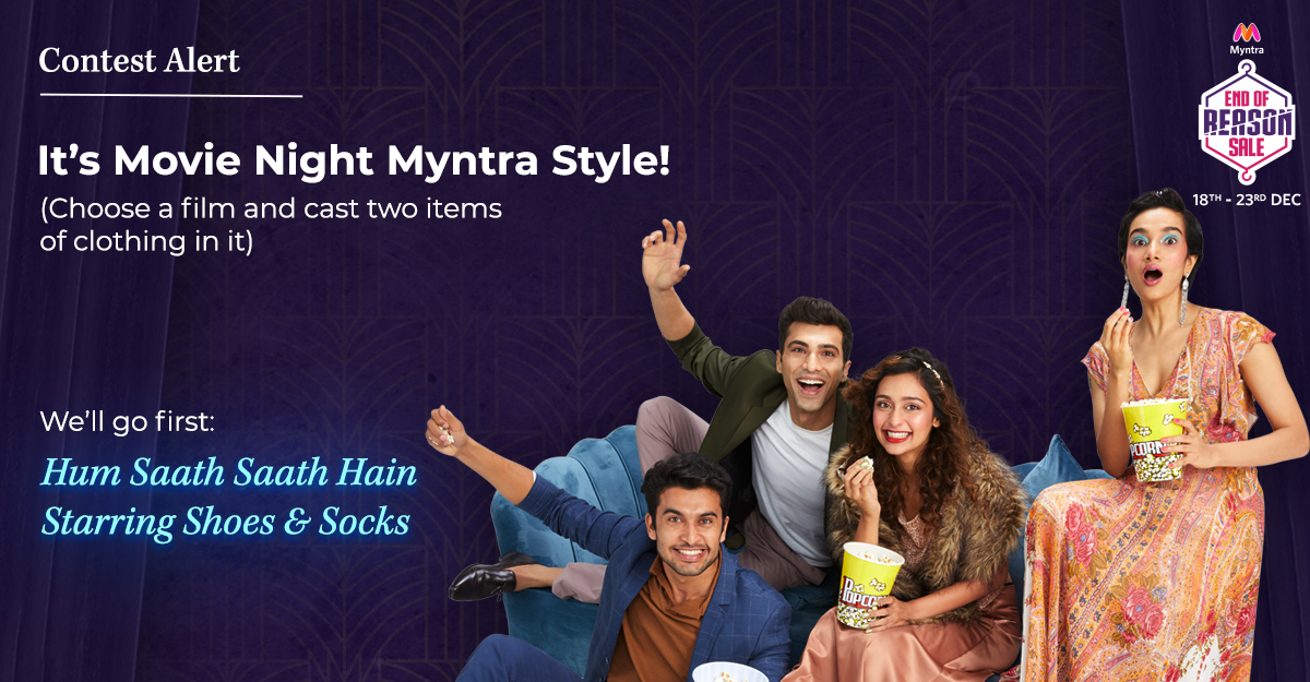 myntra's tweet image. BRB, getting ready for your answers with some popcorn on the side! 😀 Give it your best shot coz THREE of you are taking home Myntra Gift Vouchers of Rs. 10K each today. 
Use #MyntraEORSisLIVE #BiggestFashionSaleOnMyntra
+ follow @myntra to qualify.
#Contest #ContestAlert