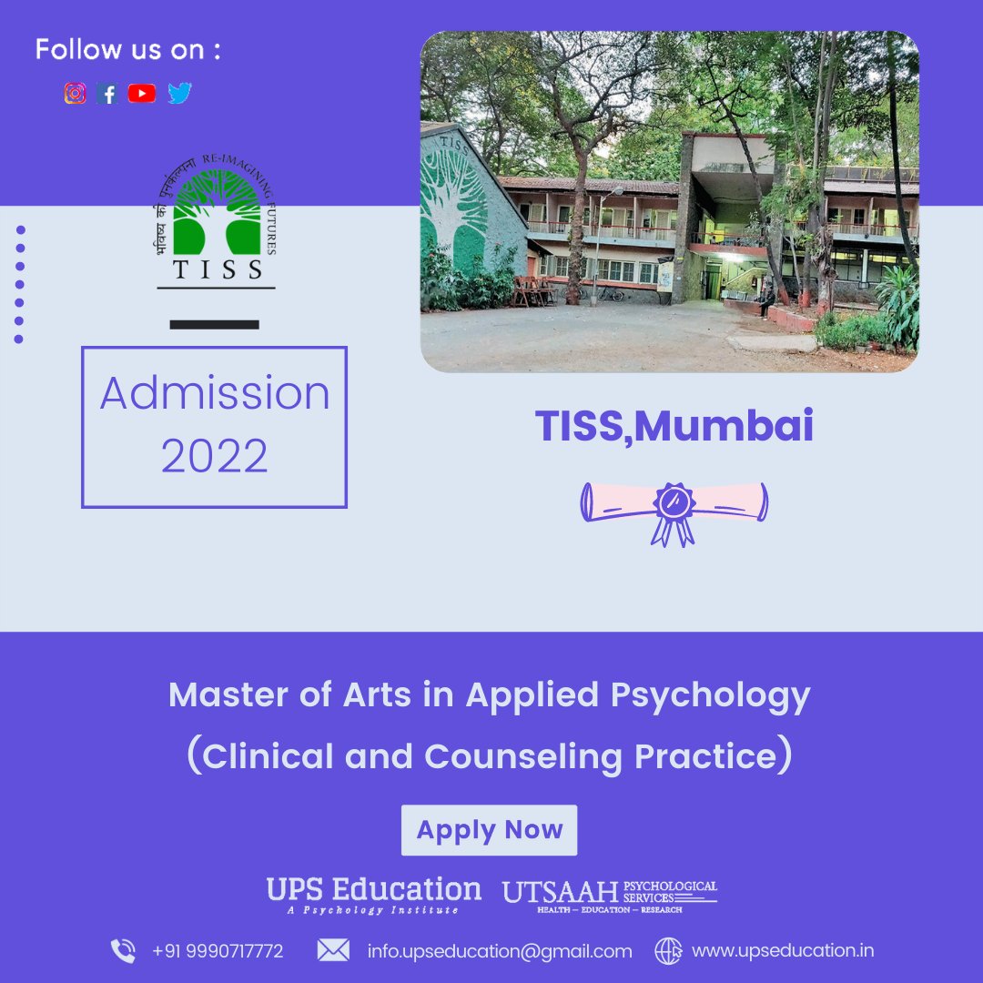 TISS, Mumbai has invited online applications for the MA Applied Psychology course for session 2022-2024...

Click here to know more: upseducation.in/update/tiss-mu…

UPS Education
Ph: 9990717772
Web: www.upseducation
#tiss #tissnet #tissadmissions #psychologyadmissions #psychology2022