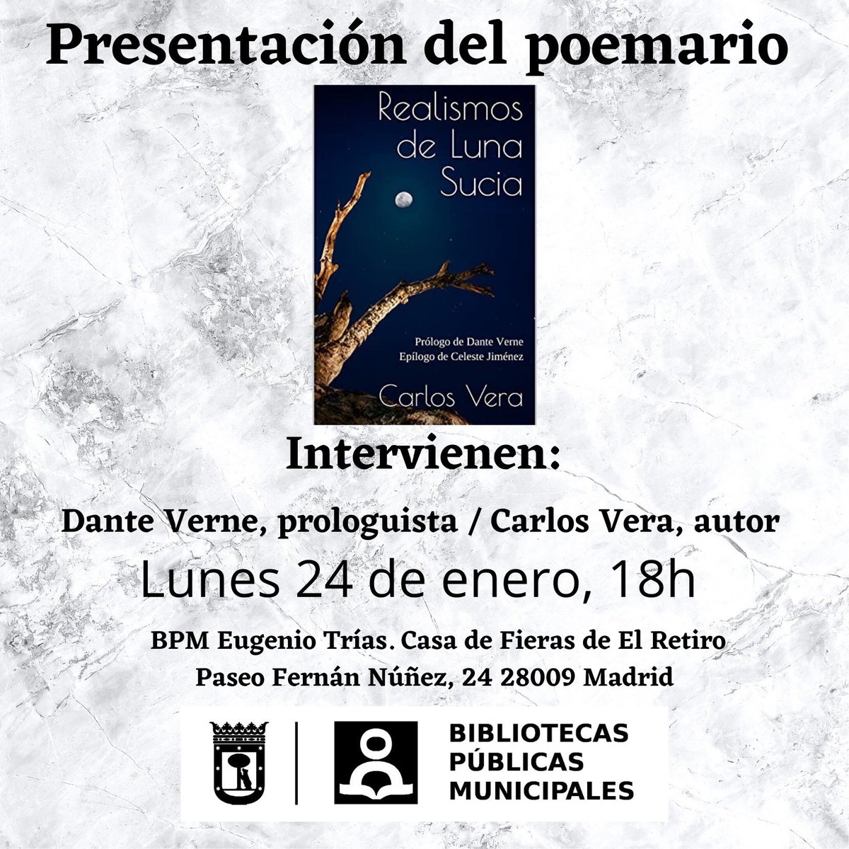 Os espero el lunes 24 de enero a la presentación de #realismosdelunasucia en Madrid a las 18h. Con <a href="/Dante_Verne/">Dante Verne</a> 

Si podéis y os apetece compartir poesía, me haréis intensamente feliz por contar con vuestra presencia.