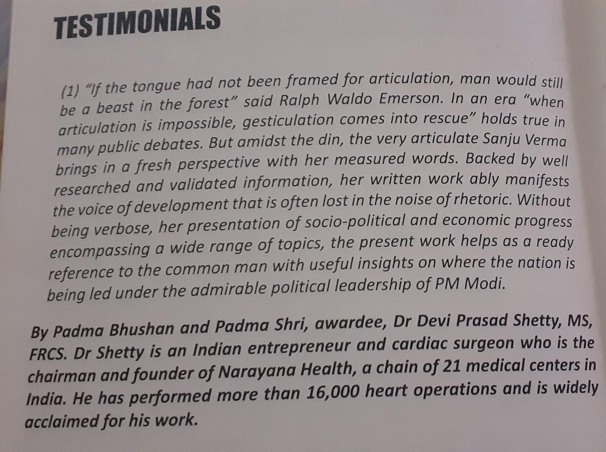JMehta65's tweet image. Excellent book on #PMModi and his governance model, by one and only @Sanju_Verma_! This testimonial by Dr. Devi Shetty, is too good, where he calls Sanju &quot;very articulate&quot;. Baat khatam, you don&apos;t need any more vindication!
@surnell @pallavict @upma23

#TheModiGambit