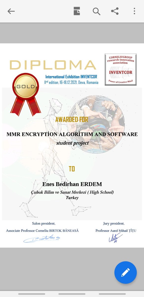 cubukbilsem's tweet photo. Öğrencimiz Enes Bedirhan ERDEM Romanyada düzenlenen İnternationel Exhibition INVENTCOR yarışmasında altın madalya kazandı. Emeği geçen öğretmenlerimiz Remzi AKTAY ve Koray BOZANER'e teşekkür ederiz. @mehmetnezirg @mramazanbarin @Kilic_Alican https://t.co/P9pJsquvHu