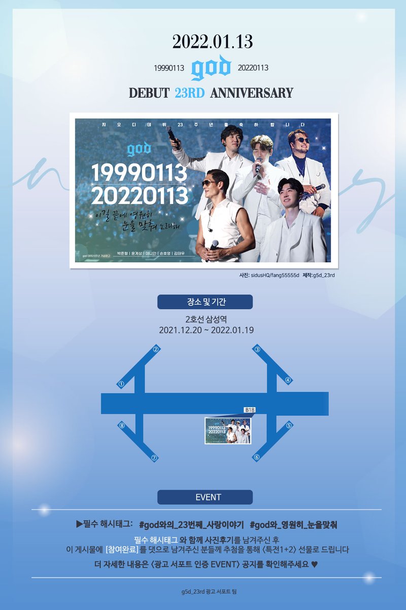 g5d_23rd's tweet photo. god 23주년 지하철 와이드 광고가 진행됩니다. 

많이 오셔서 함께 축하해주세���💙 

🗓 21.12.20 ~ 22.01.19
🚋 삼성역 5,6번 출구방향(B18) 

해시태그와 함께 후기를 남긴 뒤
본 게시물에 '참여완료' 멘션을 달아주시면
추첨을 통해 소정의 선물을 드립니다. 

일찍 게시되어 지만갈 하셔도 됩니다. https://t.co/QTA95QBm9D