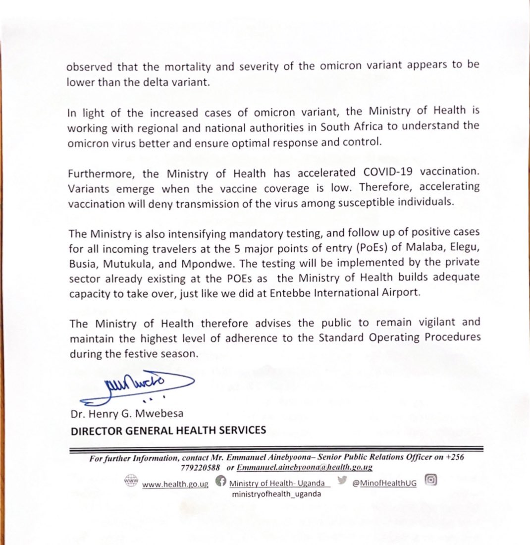 MinofHealthUG's tweet photo. PRESS RELEASE: Update on Omicron Variant in #Uganda. 

🔹Number of confirmed cases of Omicron has increased from 7 to 25.

🔸Number of positive cases among incoming travelers has increased from a daily average of 6 to 90 in the past 7 days

🔺Omicron affects both infants &amp; adults https://t.co/uZO57fBY73