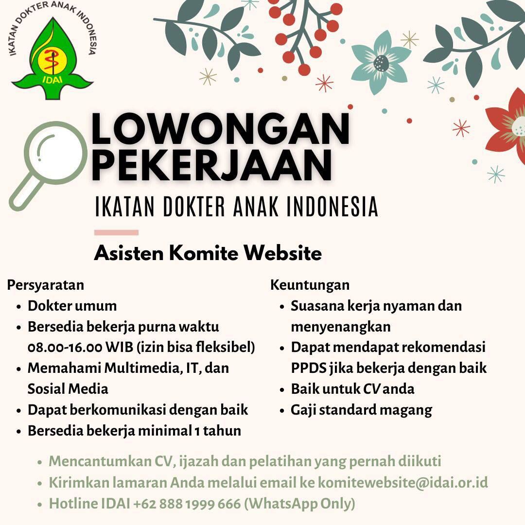 idai_tweets's tweet photo. [Lowongan Pekerjaan Ikatan Dokter Anak Indonesia]

Kirimkan lamaran anda melalui email ke komitewebsite@idai.or.id

Informasi lebih lanjut hubungi Hotline IDAI +62 888 1999 666 (WhatsApp) https://t.co/kYPs4dciwU