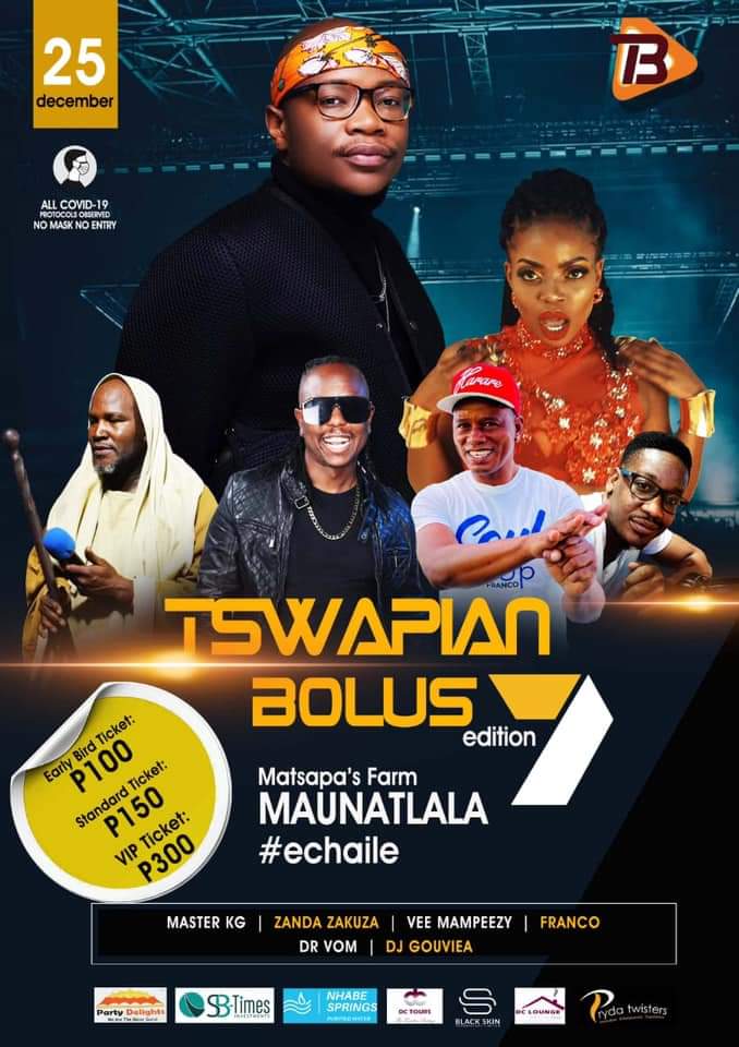 hennymaps's tweet image. #07DaysToGo || GET YOUR TICKETS NOW to the 7th edition of Tswapian Bolus on CHRISTMAS DAY 25th December 2021, at Matsapa's Farm in Maunatlala (91kms from Palapye). 

🎶 Featuring @MasterKGsa @VEE_MAMPEEZY @zandazakuza  @DjGouveiaBW &amp;amp; many more artists + djs! 🎶