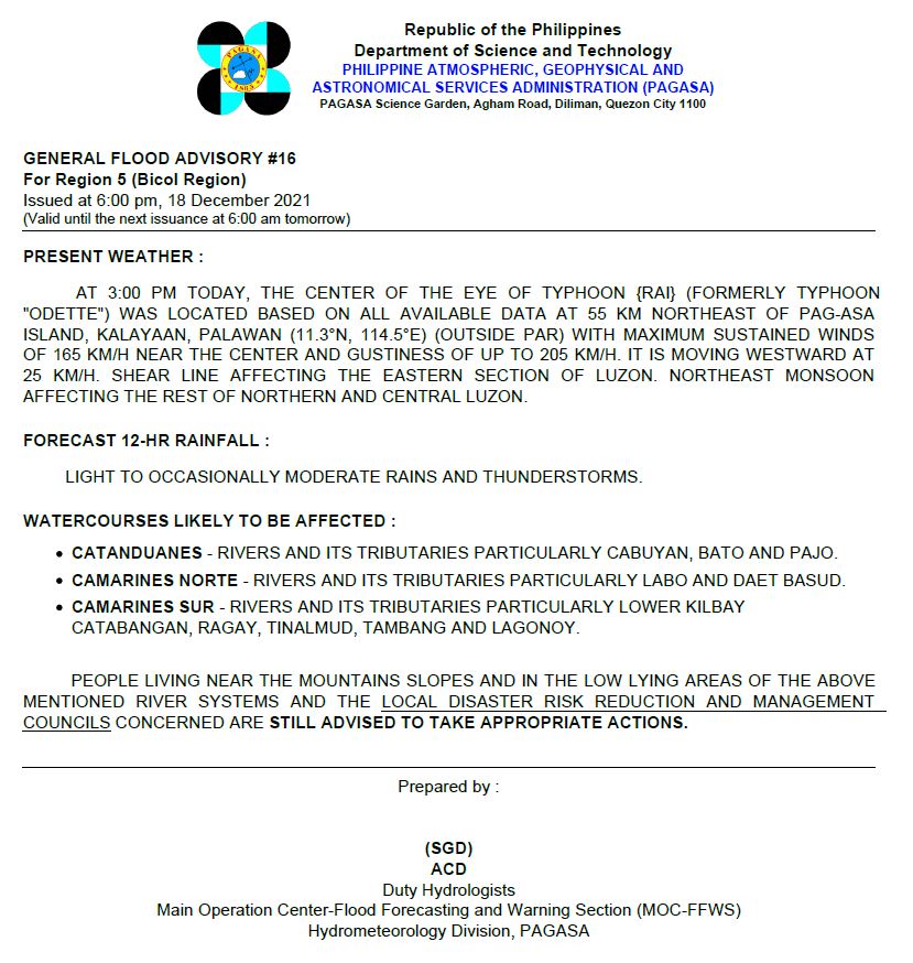 dost_pagasa's tweet photo. General Flood Advisories (GFAs)
Issued @ 6PM, 18 December 2021
Region 4A (CALABARZON) - #GFA15
Region 4B (MIMAROPA) - #GFA13 (Final)
Region 5 (Bicol Region) - #GFA16 https://t.co/XBvdSsp7xs