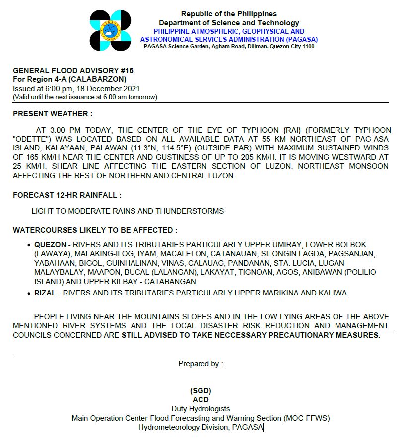 dost_pagasa's tweet photo. General Flood Advisories (GFAs)
Issued @ 6PM, 18 December 2021
Region 4A (CALABARZON) - #GFA15
Region 4B (MIMAROPA) - #GFA13 (Final)
Region 5 (Bicol Region) - #GFA16 https://t.co/XBvdSsp7xs