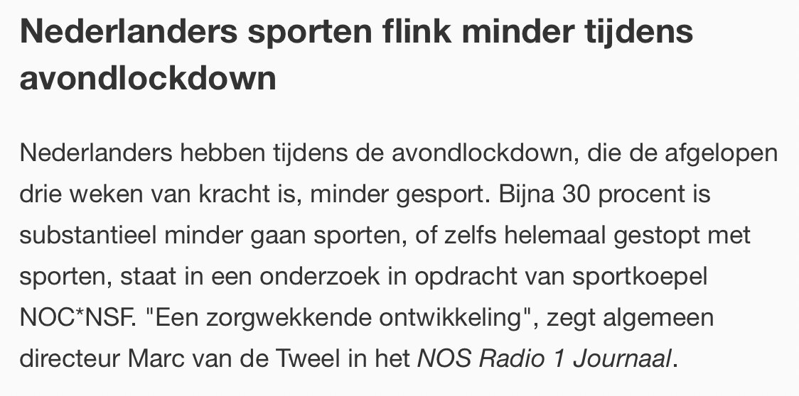 WybrenvanHaga's tweet photo. Een zorgwekkende constatering. De avondlockdown heeft ervoor gezorgd dat bijna 30% minder is gaan sporten of zelfs helemaal is gestopt. De aankomende totale #lockdown zal dit percentage alleen maar doen stijgen. En dat terwijl sporten bijdraagt aan een sterk immuunsysteem. https://t.co/ONbk4eF2vv