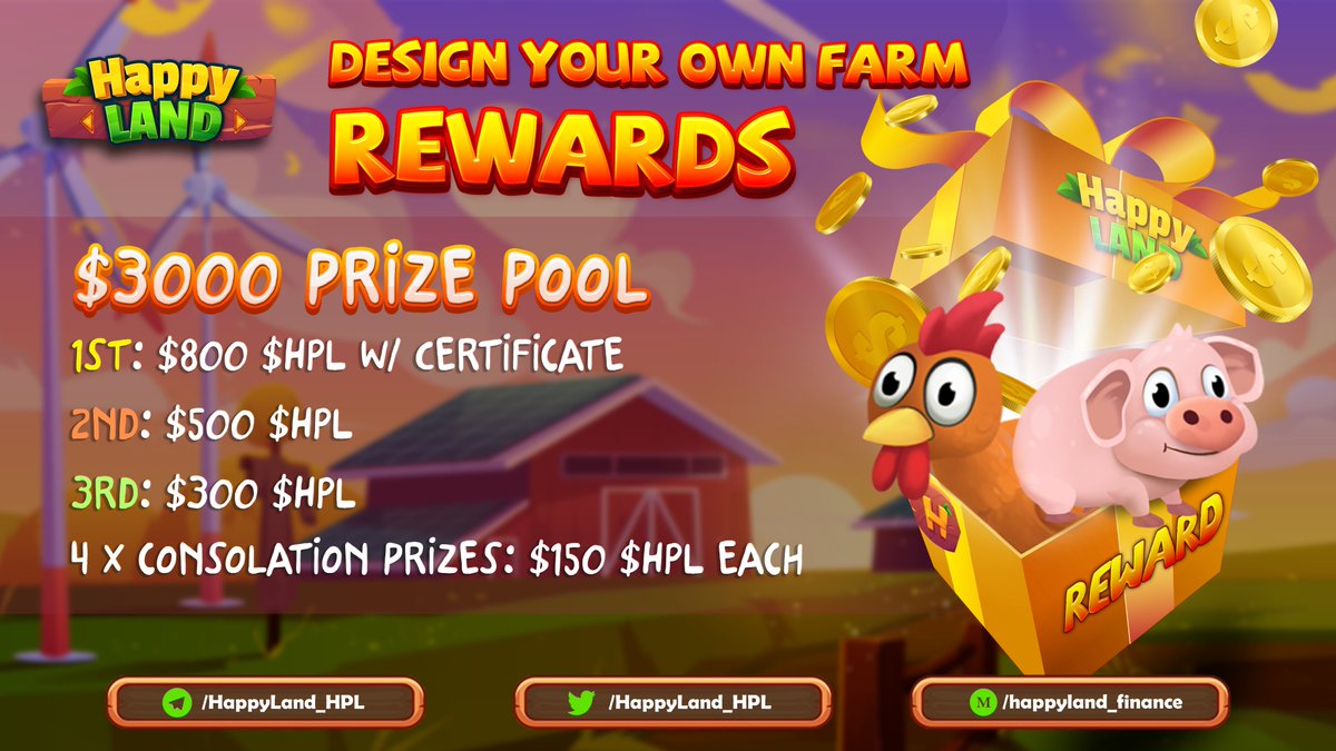 HappyLand_HPL's tweet photo. $3000 PRIZE POOL for #DesignYourOwnFarm
First prize will also get Special Certificate on their future #NFT land (thus more attractive and higher value on marketplace).
What are you waiting for? https://t.co/2ELGXkLYbw
#PlayToEarn #FreeToEarn #metaverse #BSC https://t.co/qbjgeEXYKP