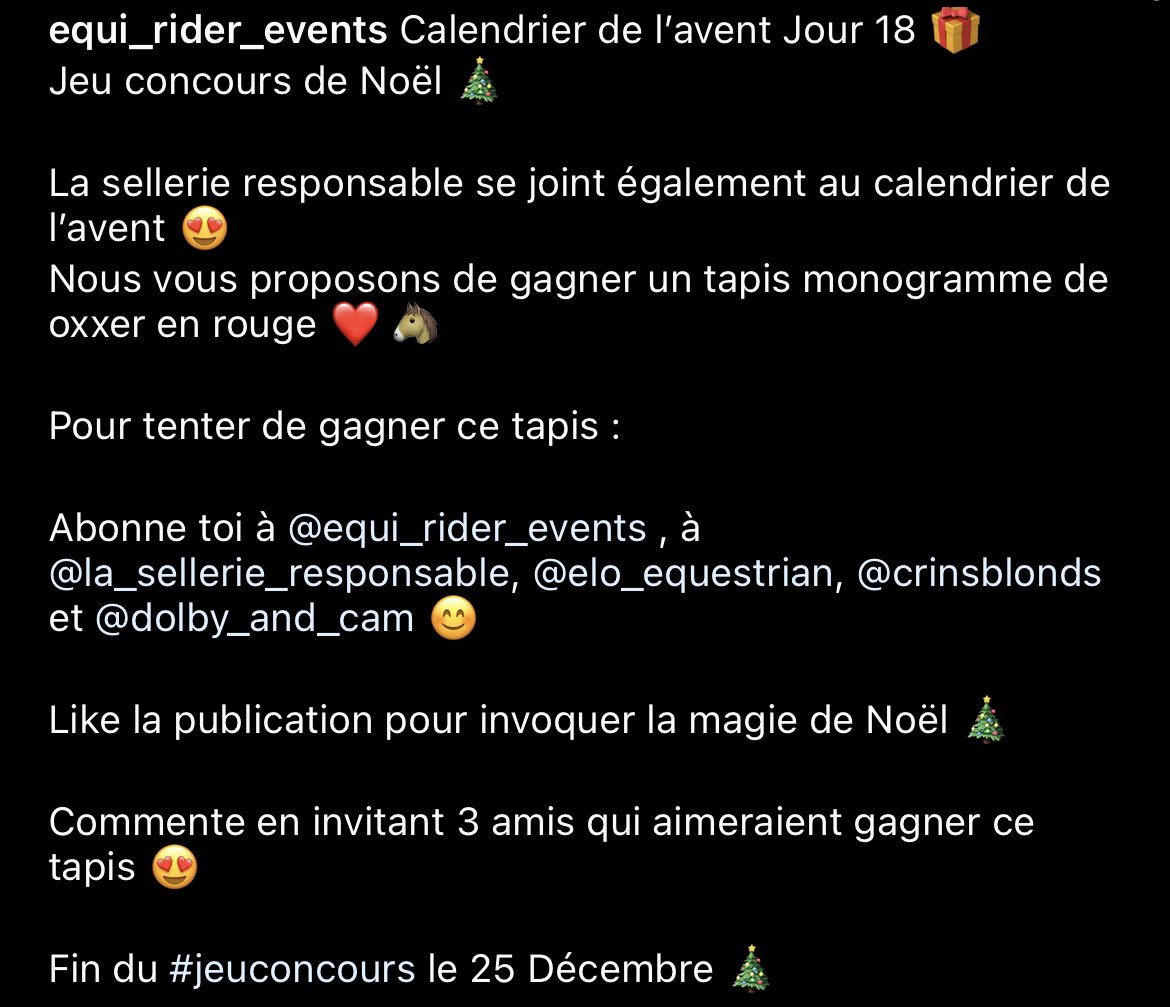 Calendrier de l’avent Jour 18 🎁
Nouveau jeu concours de La Sellerie Responsable ✨
À gagner un tapis monogramme rouge oxxer 🐴
➡️Instagram : equi_rider_events 
#jeuconcours #calendrierdelavent #Giveway #horseriding