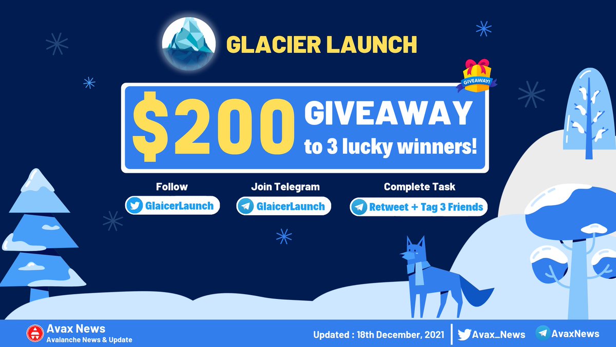 Avax_News's tweet photo. 📢GIVEAWAY TIME

In celebration of $GLAC Launch on Monday, December 20, 10 PM UTC, 
@GlacierLaunch is glad to present $200 #Giveaway to 3 lucky winners!(ends in 72h)

- Follow @glacierlaunch
- Join https://t.co/1PJXwDpOoK 
- Retweet + tag 3 friends

#AvaxNews #Avalanche #Giveaway https://t.co/wUkxHyBv06
