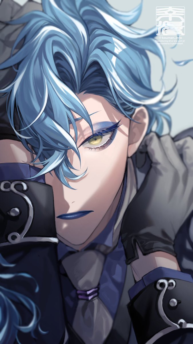 long hair male focus 1boy solo yellow eyes jacket blue hair  illustration images
