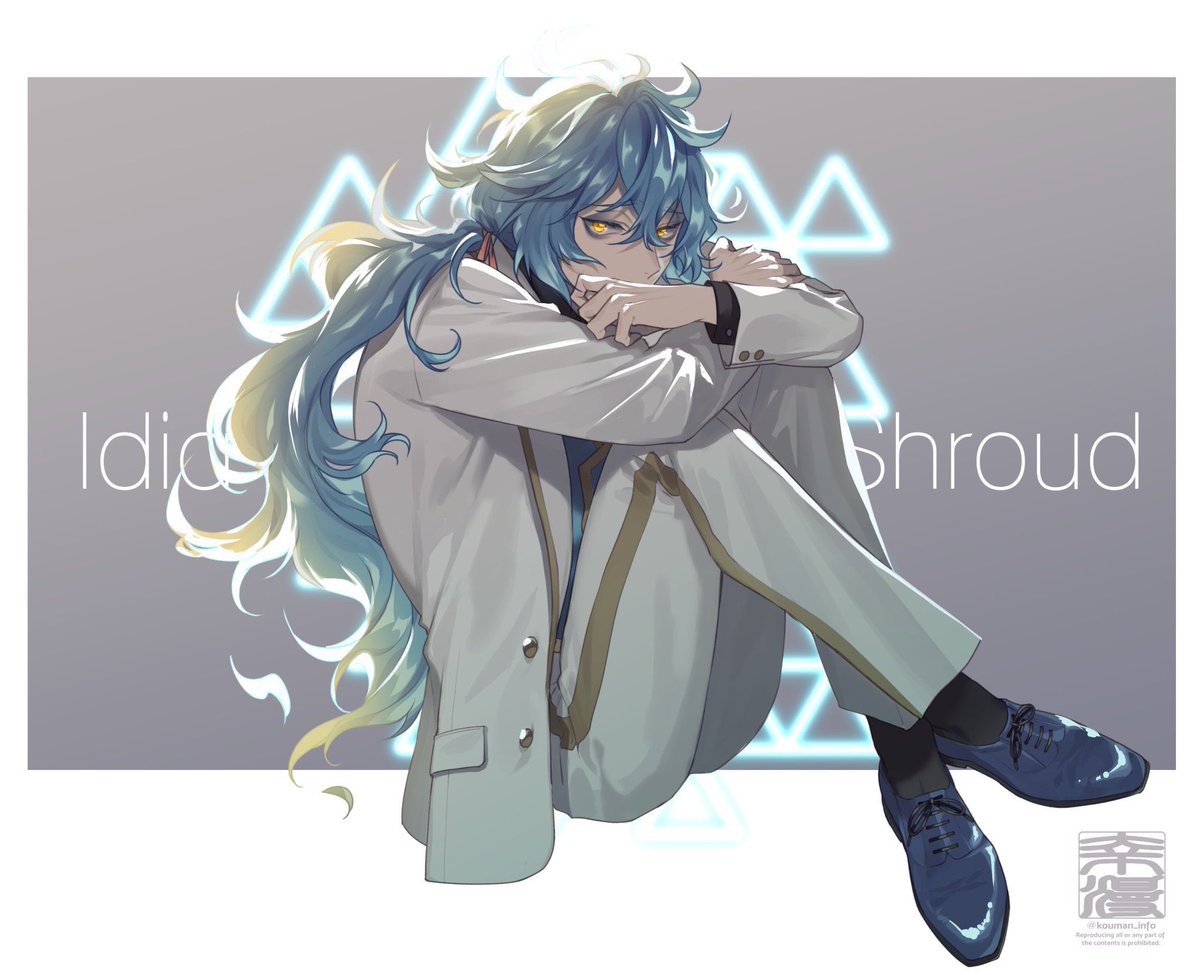 long hair male focus 1boy solo yellow eyes jacket blue hair  illustration images