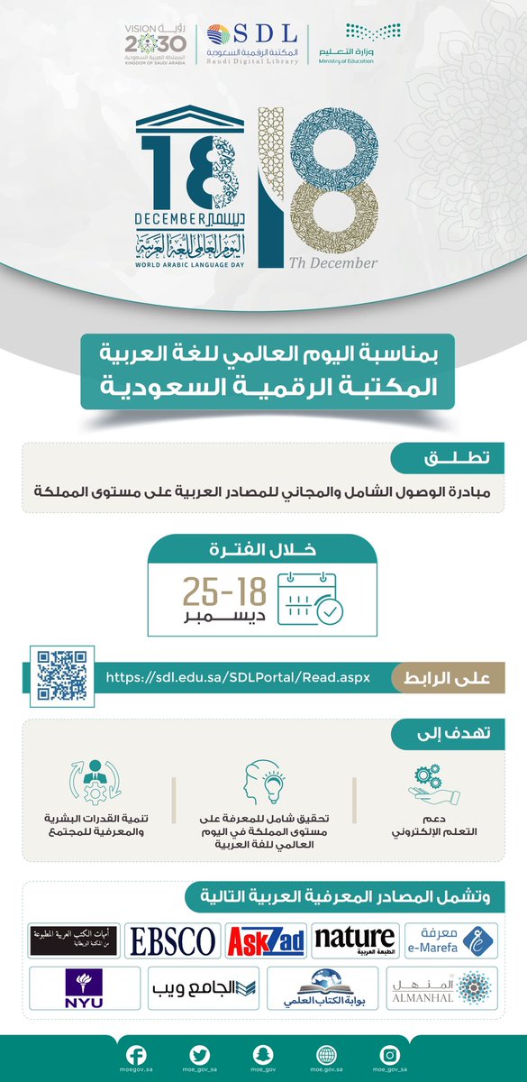 cua_gov_sa's tweet photo. بمناسبة #اليوم_العالمي_للغة_العربية.. المكتبة الرقمية السعودية تطلق مبادرة "أسبوع اللغة العربية".
https://t.co/Z8fObEwuJx https://t.co/11UJccXLoz