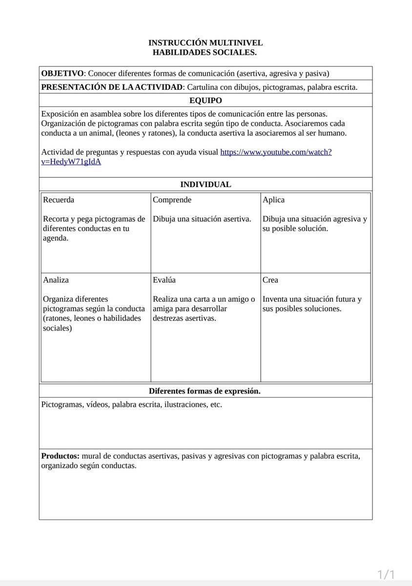 Habilidades sociales en primero y segundo de primaria. 

Objetivo: conocer diferentes formas de comunicación entre personas.

Actividades: multinivel basado en <a href="/josegmj1/">josegmj</a> <a href="/AMarquezOrdonez/">Antonio A. Márquez</a> 🙂, taxonomía de Bloom y DUA.