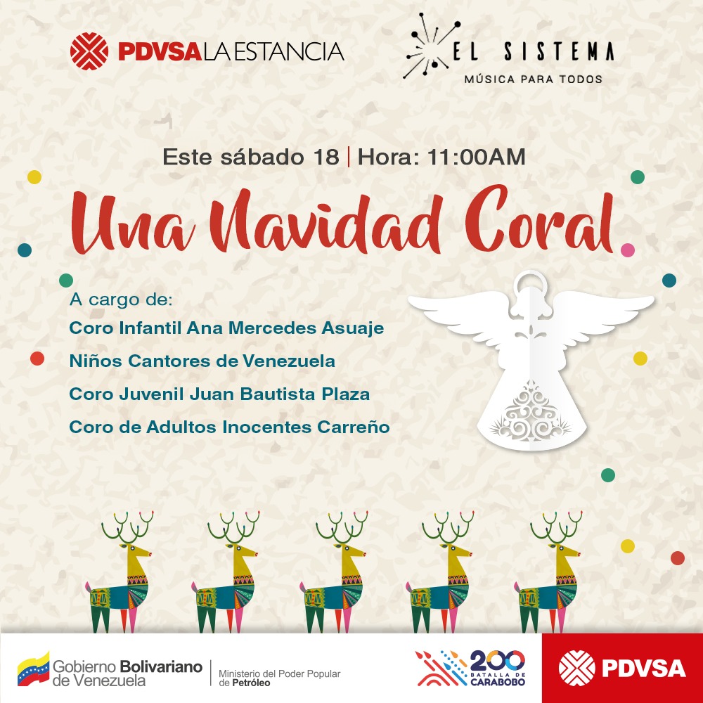 PDVSALaEstancia's tweet photo. En esta Navidad el Centro de Formación Coral Inocente Carreño Núcleo Coral de Caracas, iluminará el escenario del oasis caraqueño, regalando a la familia venezolana un encuentro musical en esta época decembrina. Te invitamos a que nos acompañes este #Sab18 de #Dic a las 11:00AM https://t.co/3VqONFPqU1