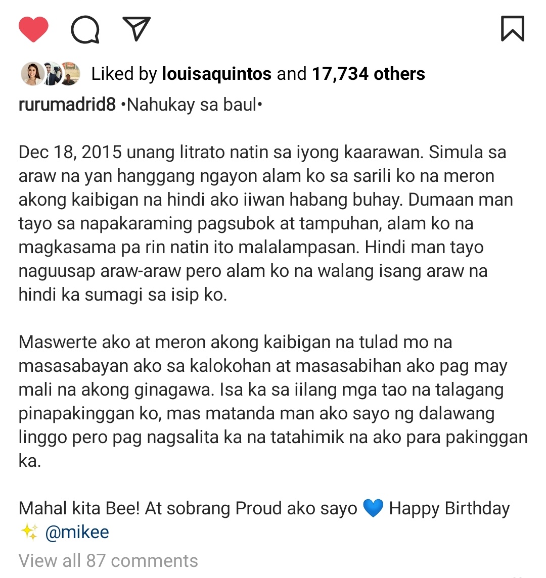 Thank You sa Birthday Greetings <a href="/Rurumadrid8/">Ruru Madrid</a> ! Isang patunay na ang Tibay ng pagkakaibigan niyo dalawa!
 
<a href="/mikeequintos/">Mikee Quintos</a>
#HBDKapusoMikee
#MikeeQuintosTwo4ever