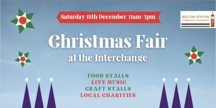 Today is our Christmas Fair at Bolton Interchange (Bus Station) 🎄

Come and see us for some live music, a variety of stalls &amp; a free mince pie 😀

#Bolton #BoltonChristmasMarket #ChristmasFair #BoltonInterchange