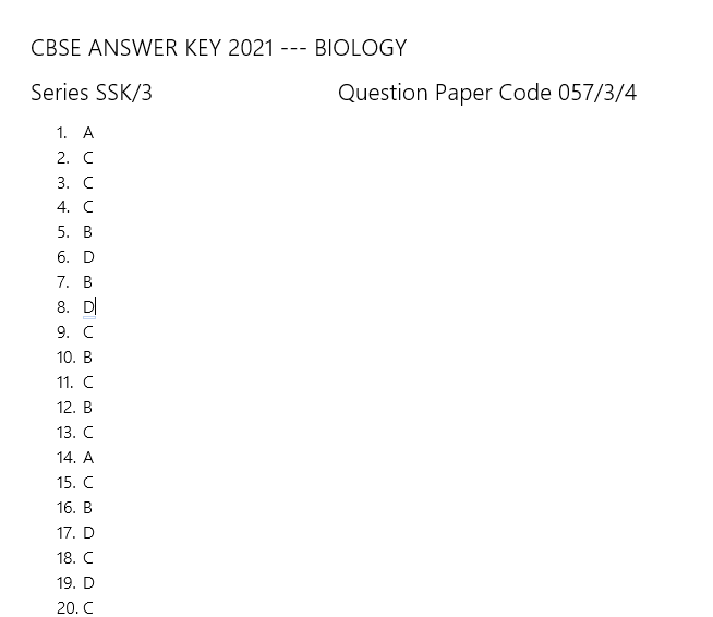 ImAman_30's tweet photo. Answer key biology SSK/3 Code 057/3/4 check your scores....accurate unofficial key
#cbseterm1 #cbsebiology #cbseclass12 #cbse #cbseexam https://t.co/iQxJ7G0p1m