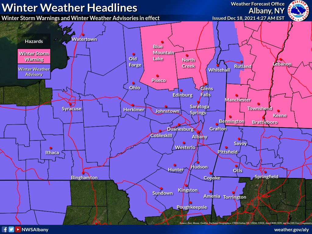 NWSAlbany's tweet photo. Winter Storm today into tonight will bring snow, sleet and/or ice. Winter Storm Warning now included Warren &amp; Hamilton Counties in eastern NY &amp; continues for southern VT. Winter Weather Advisory continues for the rest of eastern NY &amp; western New England. Latest forecast graphics: https://t.co/OPHKFy3Fl2