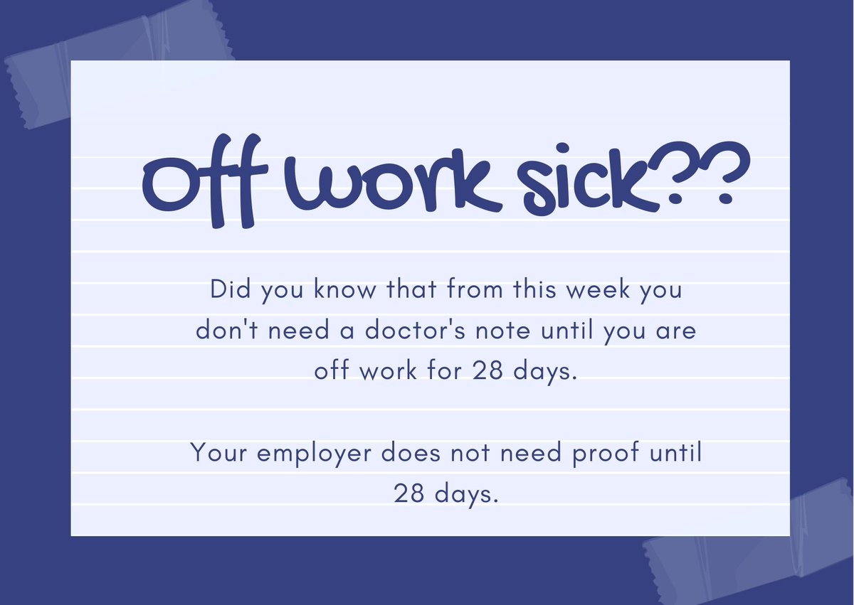 As our GP practices work hard to continue to support patients, and help to offer as many COVID-19 vaccinations as possible - please be aware the rules have changed on sick notes.

Please don't request a sick note until you have been off work for 28 days.

gov.uk/taking-sick-le…