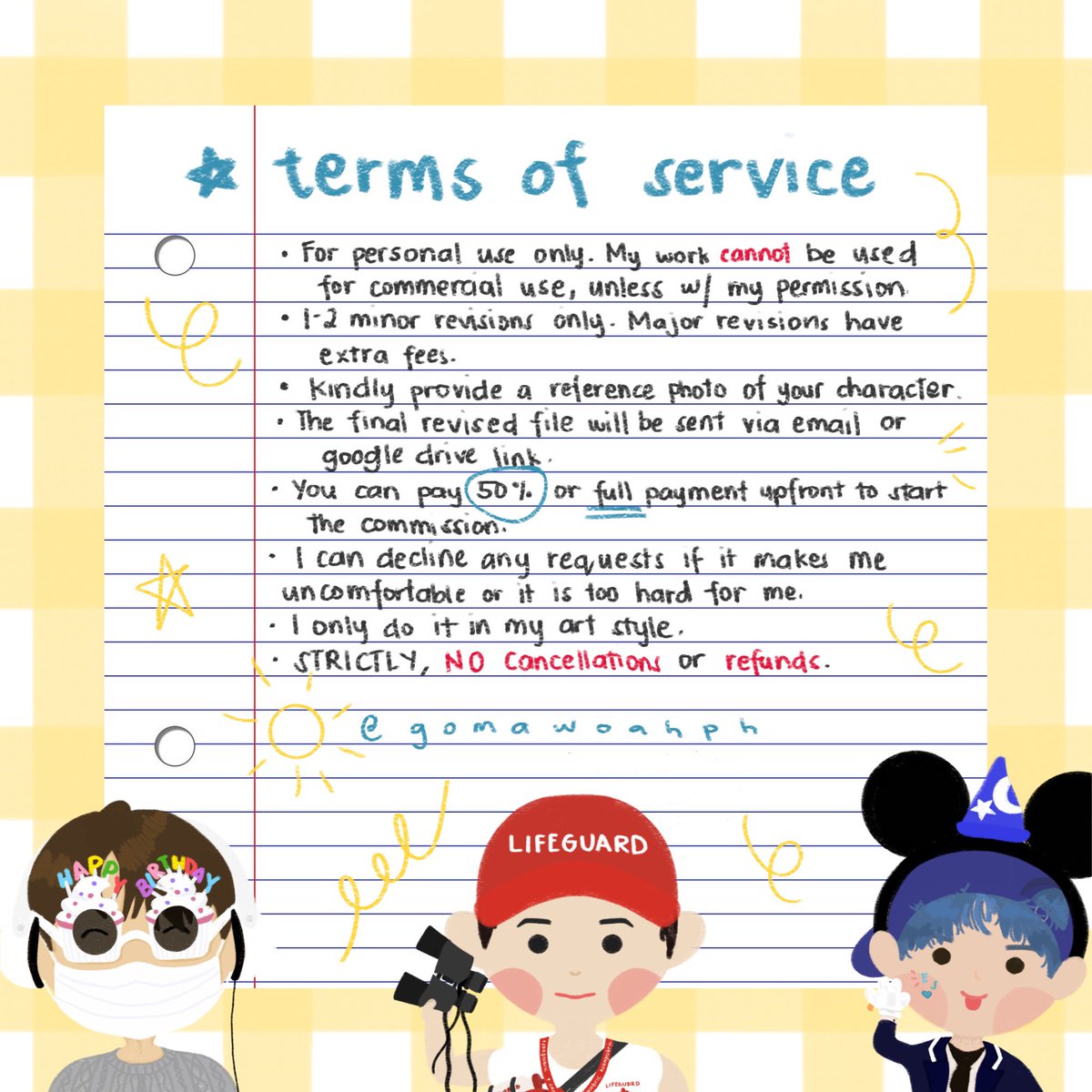 gomawoahph's tweet image. DIGITAL ART COMMISSIONS OPEN

🌤 kindly refer to the photos below for the prices and the t&amp;amp;c s. other sample drawings will be linked below.