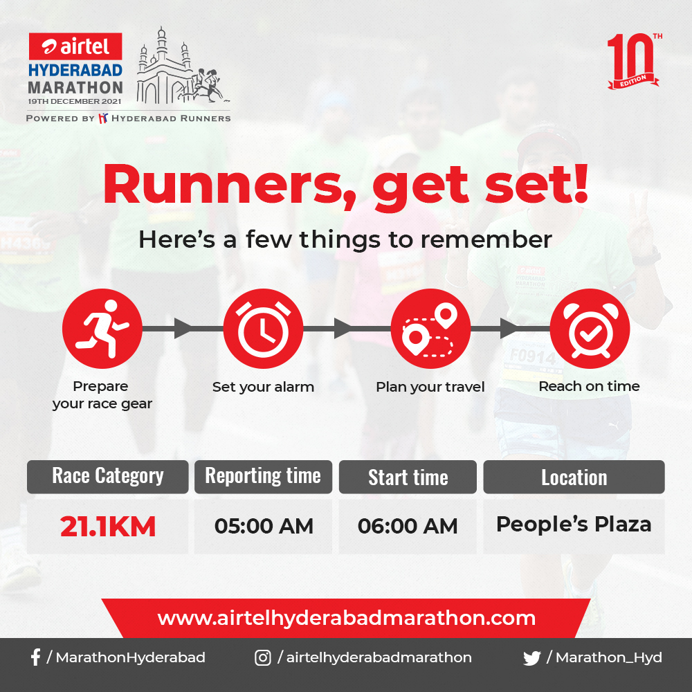 Marathon_Hyd's tweet photo. Race day information: 21.1 KM
#airtelhyderabadmarathon #10thedition #Hyderabadrunners #airtel #airtelhyderabadmarathon2021 #SetThePace #10AndCounting #PhysicalRun https://t.co/HuPjIx1gZI
