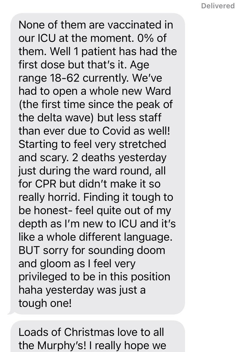 From my doctor friend, recently started on an Intensive Care Unit and exhausted from a spate of new admissions. I asked how many are vaccinated…
