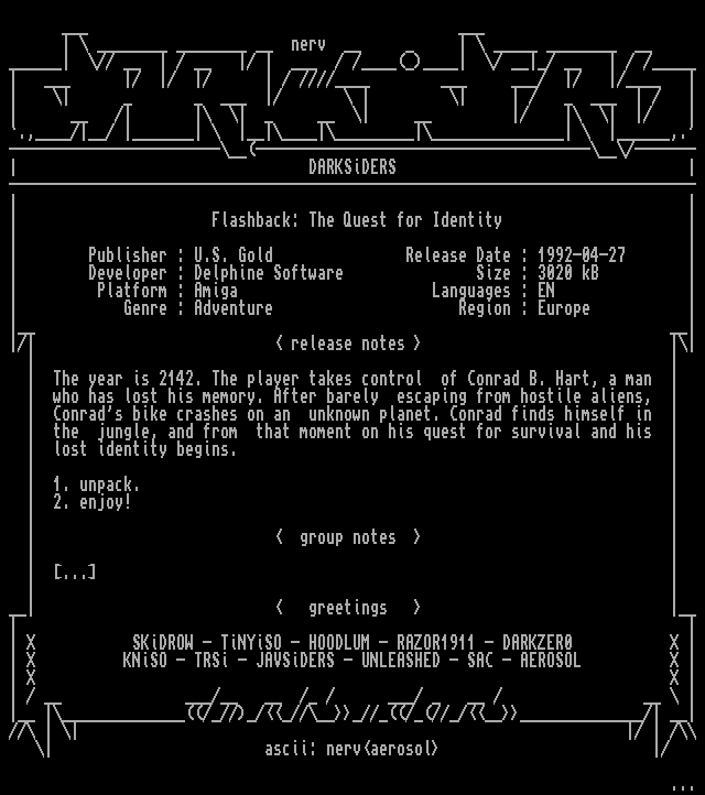 NERVascii's tweet image. &quot;darksiders&quot; #amiga #ascii #nfo, released in impure #76 (2020)

#asciiart #mosoul #oldschool #nfo #textmode #textmodeart #typography #lettering #logodesign #monochrome #digitalgraffiti #digitalart #retrocomputing  #bbs #scene #demoscene #art