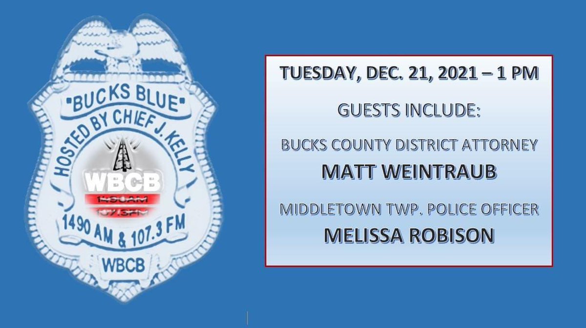 YardleyPD's tweet photo. This Tuesday, 12-21, Chief Kelly will be hosting a new show on Wbcb 1490am Radio called Bucks Blue.  Bucks Blue will be telling the stories of positive policing here in Bucks County as well as highlighting examples of local Community Policing. https://t.co/s4Y8UQx1u4