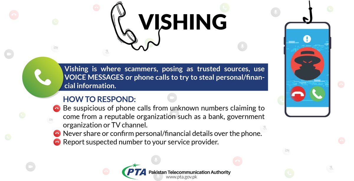PTAofficialpk's tweet photo. What is #Vishing? This is where scammers, posing as trusted sources, use voice messages or #phone calls📞 to try to steal personal/financial information.
Learn how to respond/act against such scam:
#CybersecurityWeek #KnowtheScam https://t.co/p9ebbcOL2f