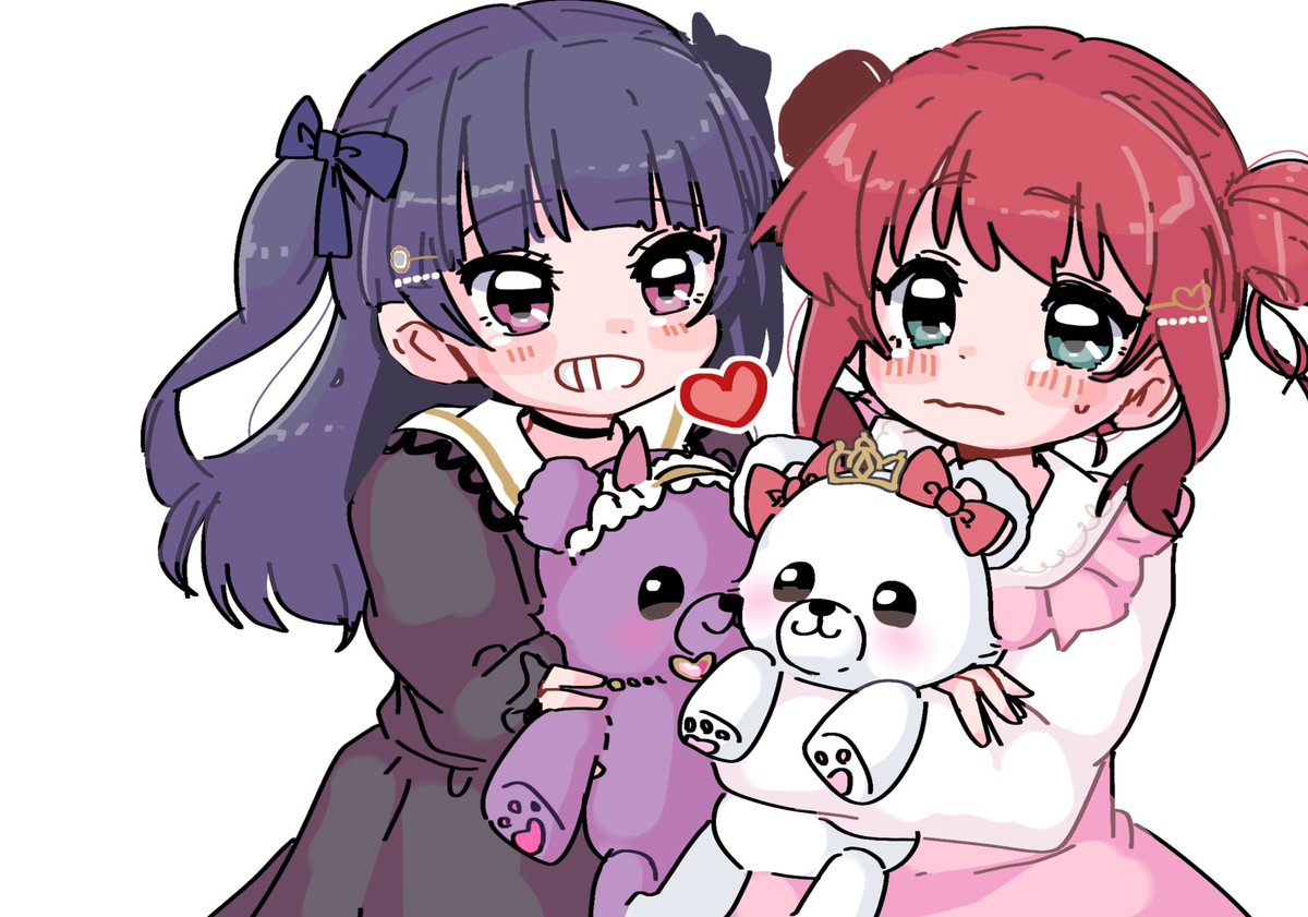 kurosawa ruby multiple girls 2girls stuffed toy stuffed animal dress teddy bear red hair  illustration images