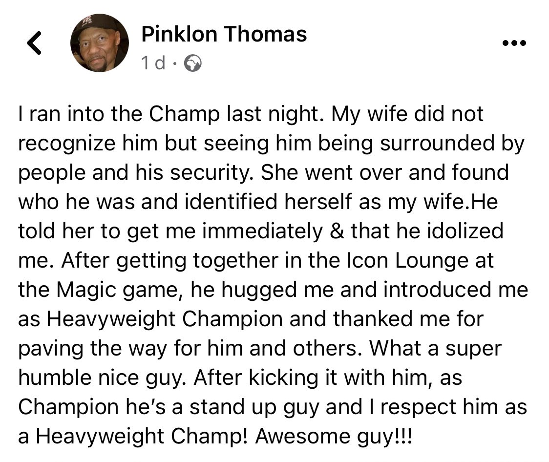 devsahni's tweet photo. Just saw this on Facebook, class from @Tyson_Fury giving former World Champion Pinklon Thomas that respect 👏❤️ https://t.co/6t99wdkCho