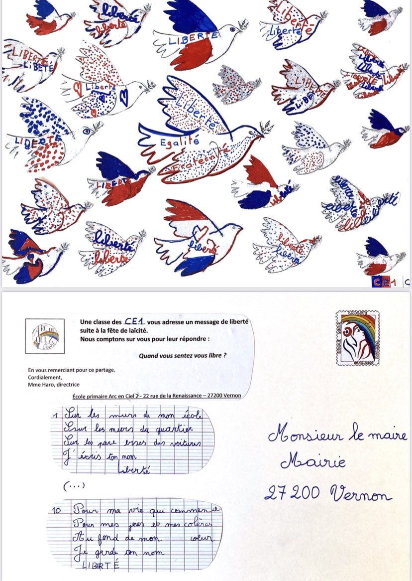 EcoleAEC2's tweet photo. Quelques cartes postales sur le thème de la liberté envoyées à nos partenaires @dsden27 @ChrisErun27 @SMVHB @IENVernon @VilledeVernon @SNAgglo @ https://t.co/Ci6DiiEvH8