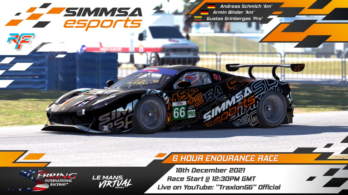 race day today! we are at Sebring 🇺🇸 for an endurance race, for Round 4 of the #LeMansVirtual Series in our Ferrari 488 GTE.

#66 driver line up is:
Andreas Schmich ‘Am’ 🇩🇪
Armin Binder ‘Am’ 🇩🇪 
Gustas Grinbergas ‘Pro’ 🇱🇹 

we are aiming for a solid result today 💪🏻