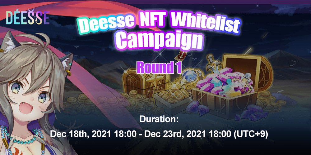 ✨Deesse NFT Whitelist Campaign ✨Round 1
Event Time: Dec 18th,  18:00 - Dec 23rd,  18:00 (UTC+9)
Event Page: gleam.io/4o03e/deesse-n…
Additionally, Deesse AMA Marathon campaign in ongoing as well, follow @deesse_2021 to learn more.