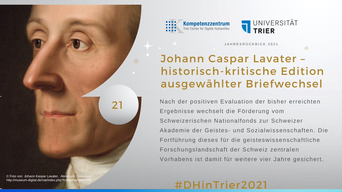 CDHTrier's tweet photo. Das 21. Türchen vom Jahresrückblick gehört J. Caspar #Lavater. Nach der erfolgreichen Evaluation des Projektes von U. Caflisch-Schnetzler @uzh_ds ist die Förderung (bisher @snf_ch) für die kommenden vier Jahren durch @SAGW_CH sichergestellt! https://t.co/PMG3ml4tZ2 #DHinTrier2021 https://t.co/MQ2NqVJJDV