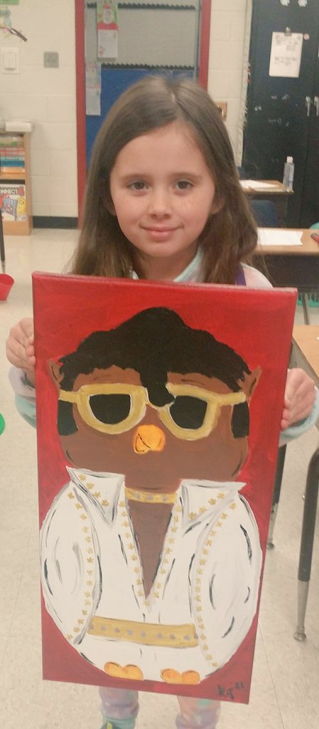BESMWade's tweet photo. My "owl-some" first graders wish everyone a Merry Christmas and a Happy New Year!!🎄🎉 Also, Mr. Owl Presley wishes everyone to have a rockin' good time! My sweet student and her mommy painted this beautiful gift for me! 😊 https://t.co/ODIBX5jpDT