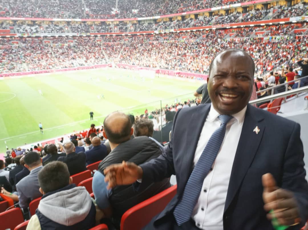 So happy to be with the President of @BurundiFF and dear brother, CP @AlexandreMuyen1,  watching live the final match of the #FIFAArabCup2021, #Algeria Vs #Tunisia, at #AlBaytStadium in #Doha, #Qatar.