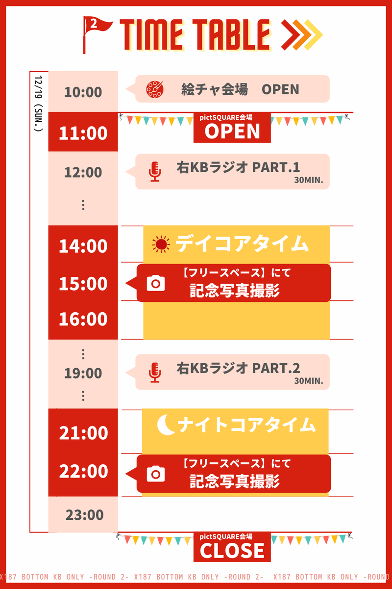 ただいまの時間をもちまして【🌙ナイトコアタイム】を終了いたします。
お集まりいただきありがとうございました！

🚩以降はフリータイムとなり、23:00まで開場は出入り自由です。
作品閲覧など、ごゆっくりお楽しみください。イベントの空気いっぱい吸って帰ってね〜🥳🥳

#kb187