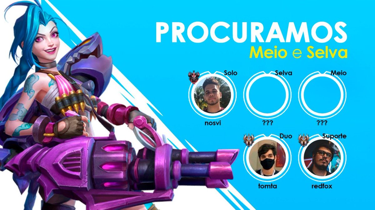 Time para o Qualify Wild Tour

Procuramos Meio e Selva para fechar equipe FA que disputará o Qualify do Wild Tour de <a href="/WildRiftBR/">League of Legends: Wild Rift</a>.

Enviar dm para para mim ou nosso manager <a href="/yurirosaa/">bisc</a> 

RT = HUMILDE