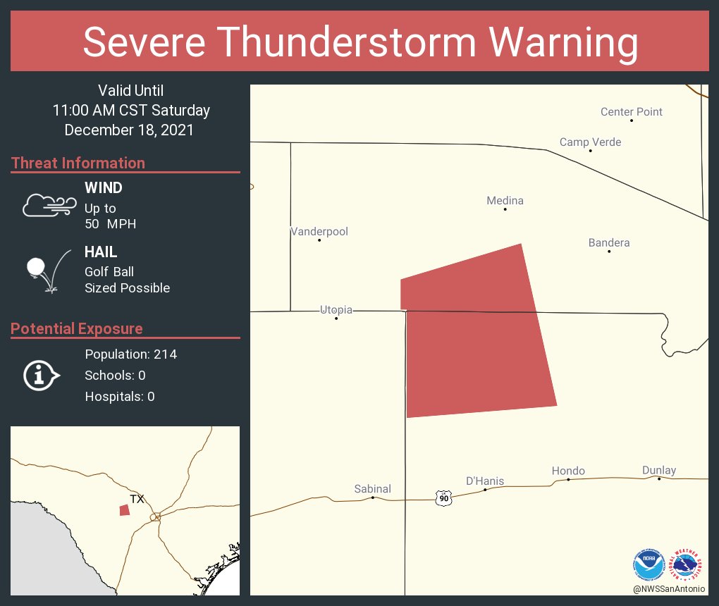 NWSSanAntonio's tweet photo. Severe Thunderstorm Warning continues for Bandera County, TX, Medina County, TX, Uvalde County, TX until 11:00 AM CST. This storm will contain golf ball sized hail! https://t.co/Y1jhjbWX60