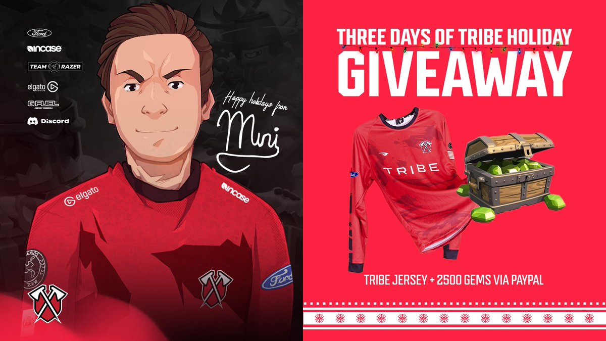 Llamando a toda la MiniArmy🚨! Les presento los Tres Dias de Sorteos de Tribe durante fiestas! El ganador recibirá Jersey y 2500 gemas por PayPal!

Requisitos:

- Retweet 🔁
- Seguir a <a href="/TribeGaming/">Tribe Gaming</a> y a <a href="/Mini__CR/">Mini™️</a> 

Premio:Jersey de Tribe + 2500 Gemas via PayPal ($20)