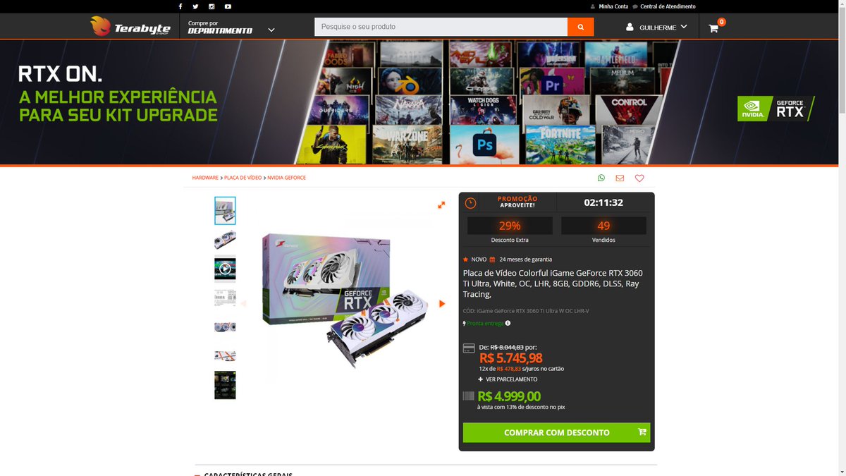 RTX 3060 TI COLORFUL ULTRA R$ 4.999 2 ANOS DE GARANTIA DIRETO NA TERABYTE terabyteshop.com.br/produto/19360/…