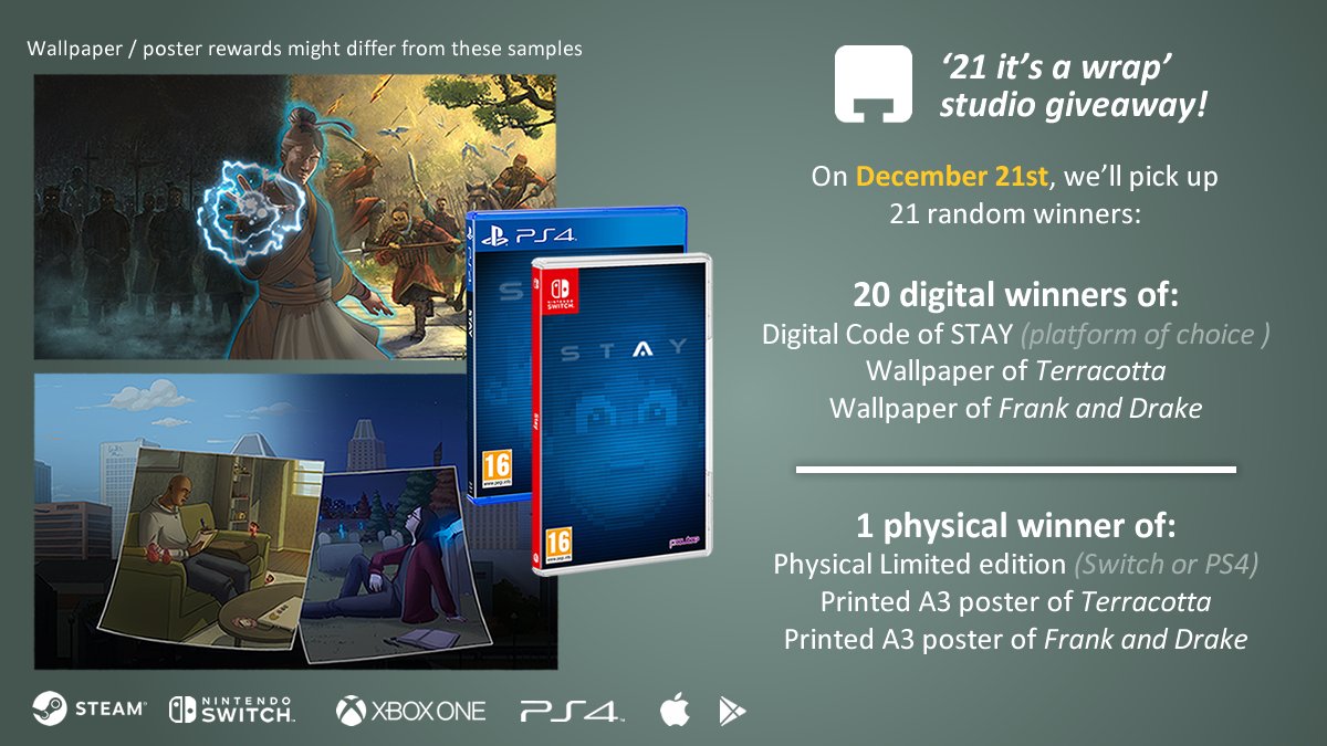 appnormals's tweet photo. We're wrapping up the year 21 with a special studio giveaway! 20 winners of digital rewards AND 1 winner of a physical copy of STAY + printed posters of our upcoming new games!

Rules:
- Follow @TerracottaGame 
- Follow @Frank_and_Drake 
- Like &amp; RT this
#indiegame #indiedev https://t.co/mCyWmEneCv