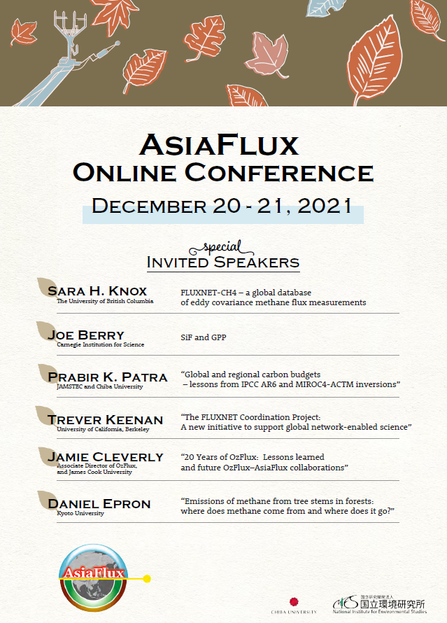 AsiaFlux2021 Online Conference: Dec 20-21. We have a series of great invited talks, sessions, an interactive poster session. More info, program: asiaflux.net (go to conference 2021). Let me know if you have any questions. #AsiaFlux2021