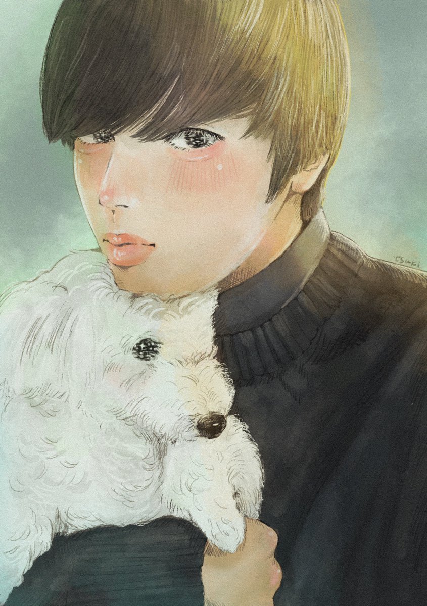 dog looking at viewer solo short hair male focus 1boy blush  illustration images