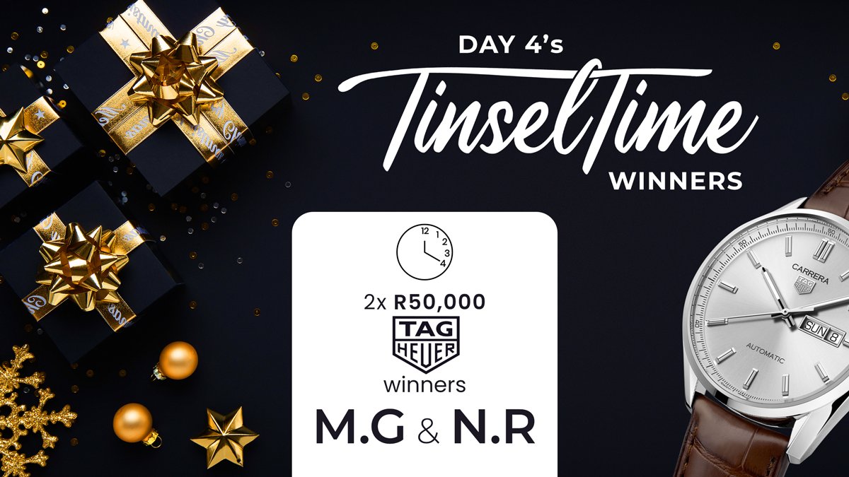 Lotto_Star's tweet photo. Congratulations to our day 4 Tinsel Time winners. Both M.G & N.R won TAG Heuer timepieces worth R50,000 each. Congratulations! Place a bet of R50 or more on any of our games, daily, to qualify for the day's prize.π₯³βοΈ
#lottostar #tinseltime https://t.co/koi1KahTDm