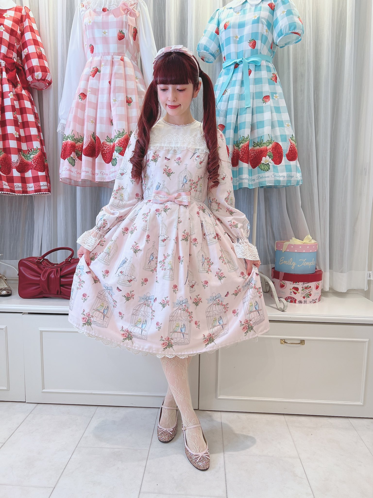 メロディバスケット鳥柄ワンピースピンク